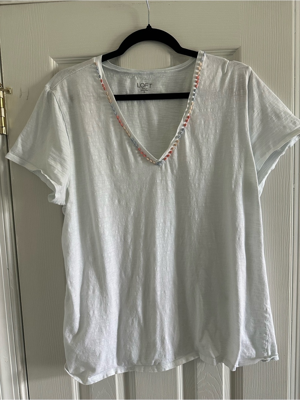LOFT White Short Sleeve V-Neck Tee with Multicolor Bead Trim